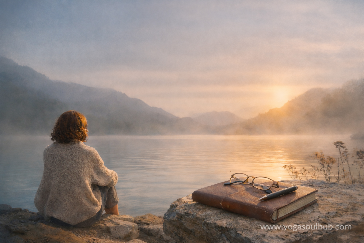 You’ve Worked on Yourself — So Why Does Something Still Feel Off? woman sitting by a calm lake at sunrise, reflecting quietly with a journal