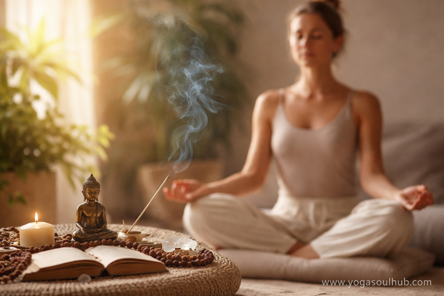 Misunderstood Concepts from Yoga Philosophy That Create Guilt A woman seated in meditation in a calm indoor space, with soft light, incense smoke, and yoga philosophy elements symbolising reflection and inner clarity.